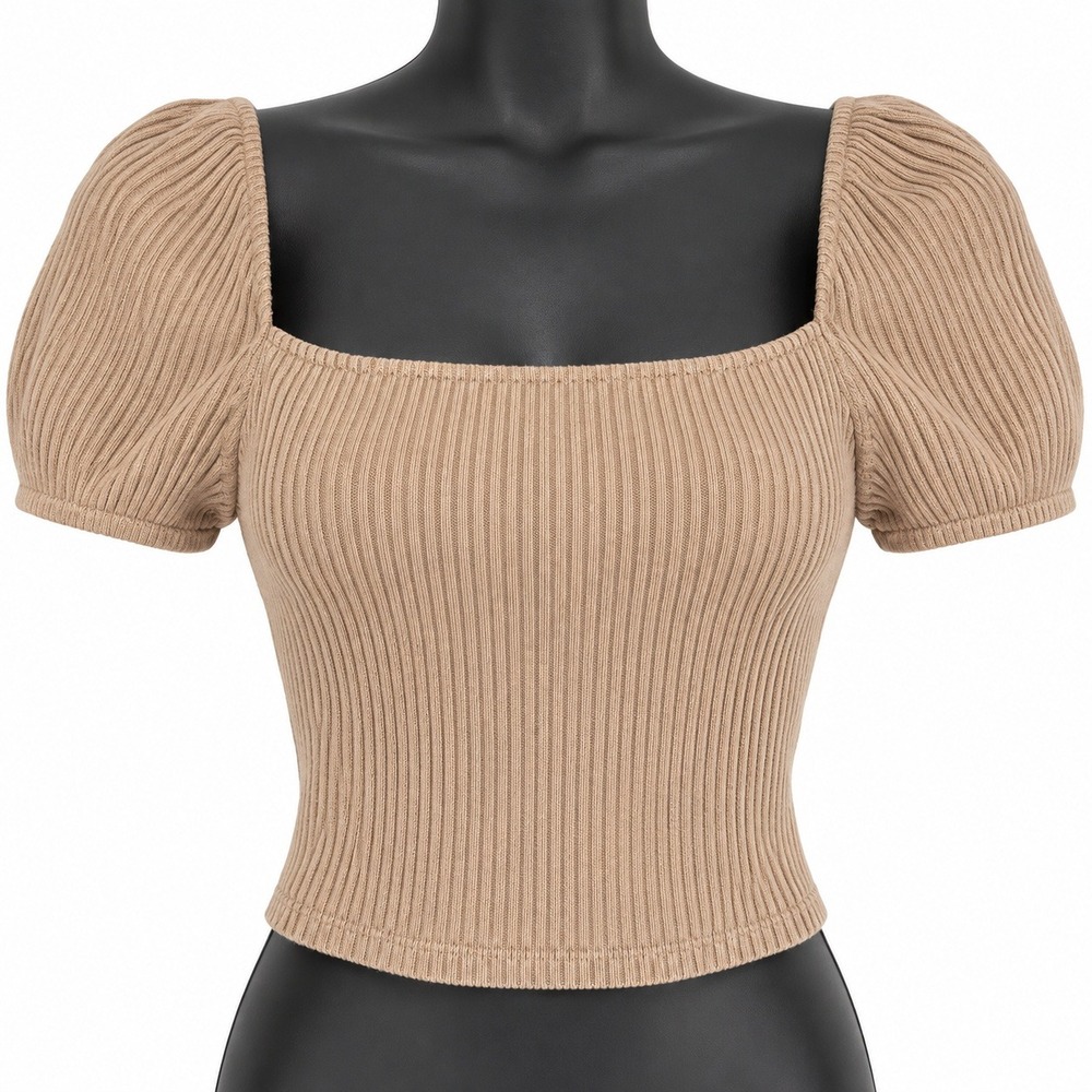 H&M Womens Tan Ribbed Square Neck Puff Short Sleeve Crop Top Neutral S